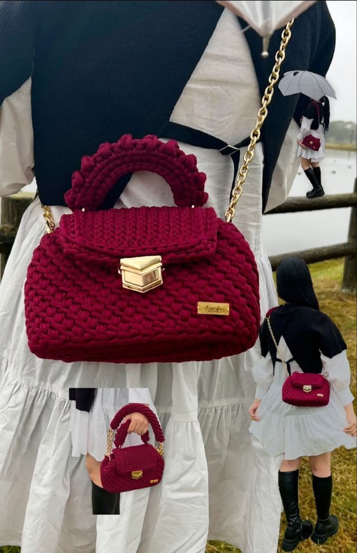 バーガンディ 手編みバッグ 3way