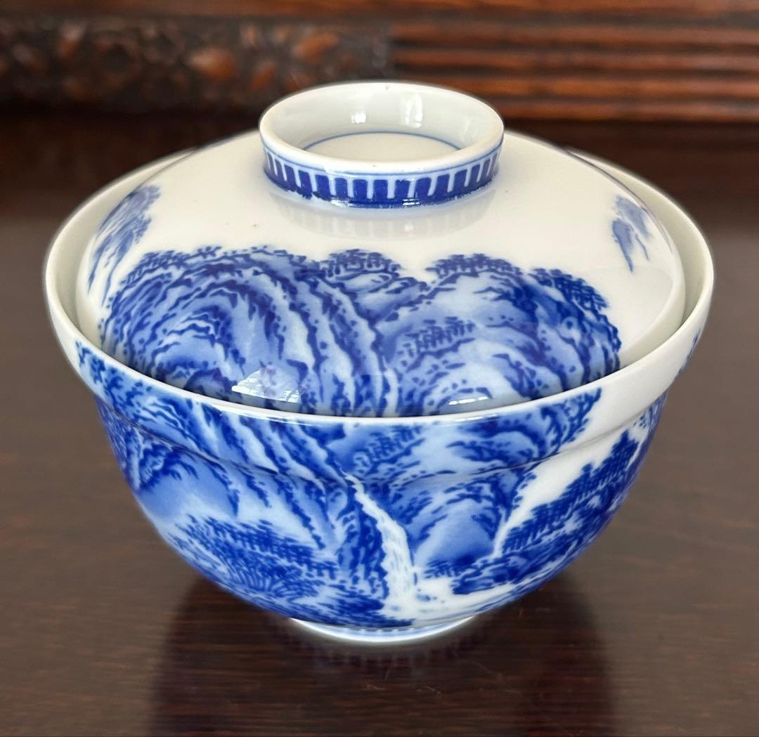 香蘭社　染付山水　蓋付煮物椀　5客