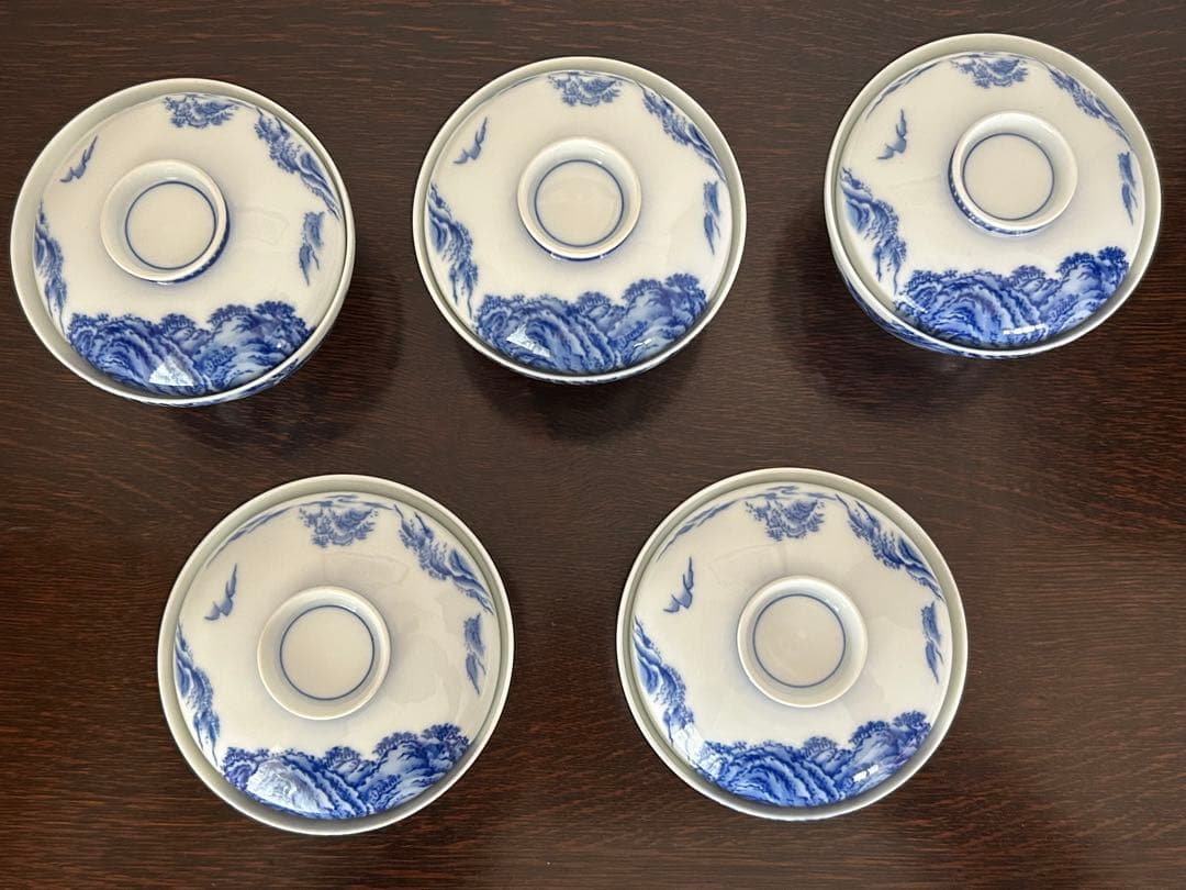 香蘭社　染付山水　蓋付煮物椀　5客