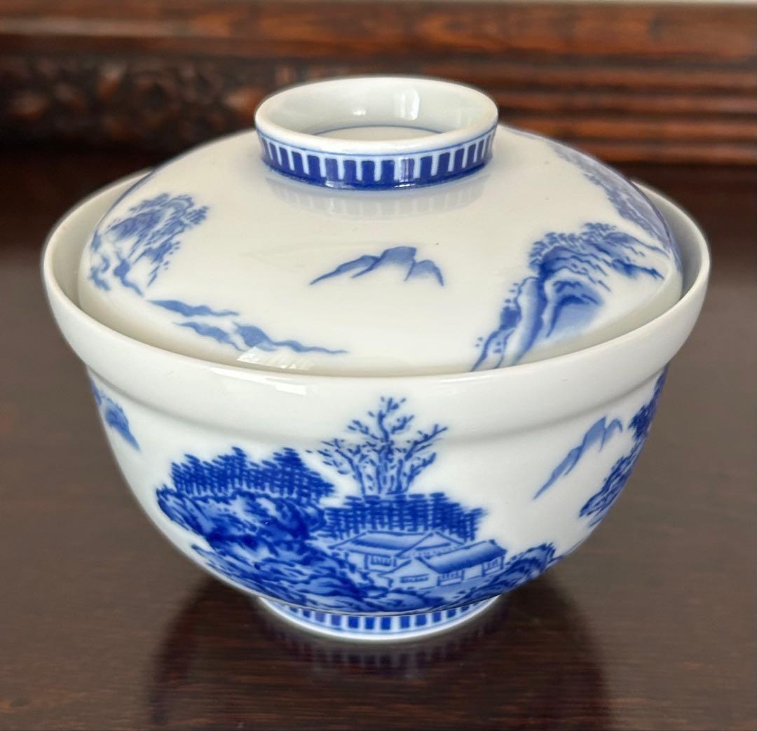 香蘭社　染付山水　蓋付煮物椀　5客