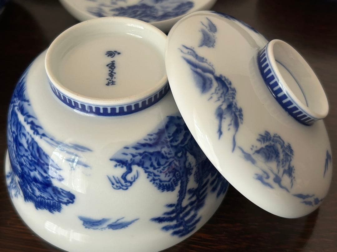 香蘭社　染付山水　蓋付煮物椀　5客