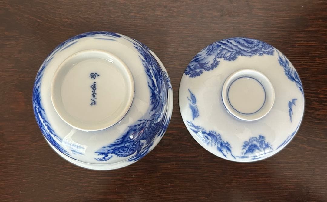 香蘭社　染付山水　蓋付煮物椀　5客