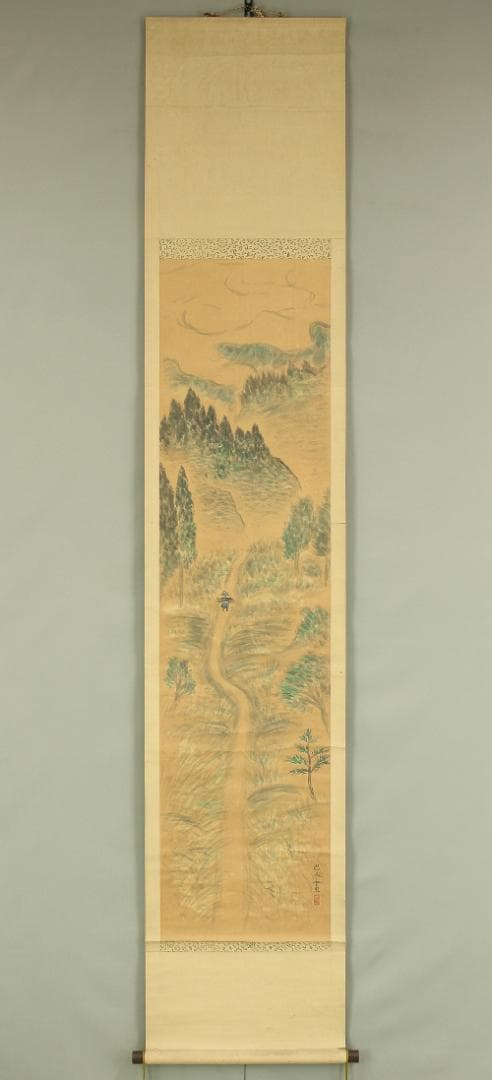 岩崎巴人 1917-2010 僧侶 日本画家 山道 風景 掛軸 肉筆 紙本