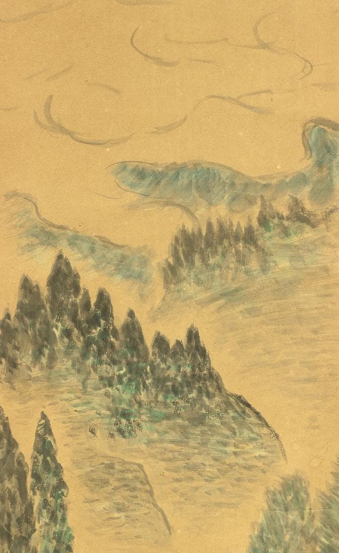 岩崎巴人 1917-2010 僧侶 日本画家 山道 風景 掛軸 肉筆 紙本