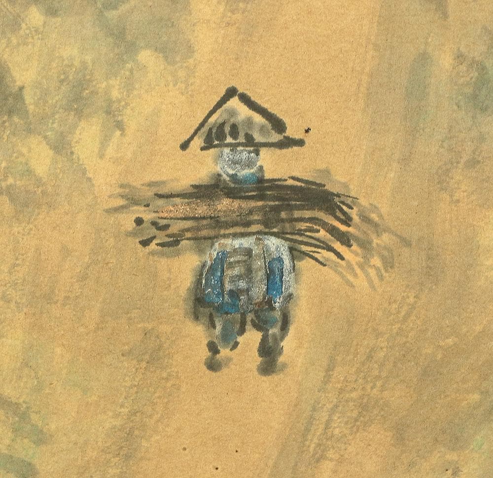 岩崎巴人 1917-2010 僧侶 日本画家 山道 風景 掛軸 肉筆 紙本