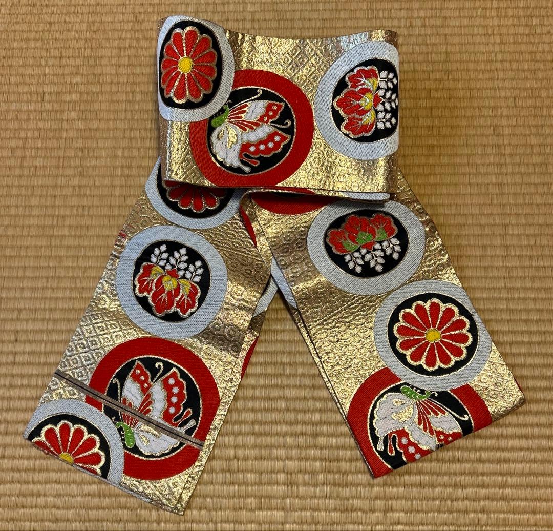 七五三 結び帯 帯 両面柄 赤 7歳 七歳 豪華両面柄入り 蝶 蝶柄