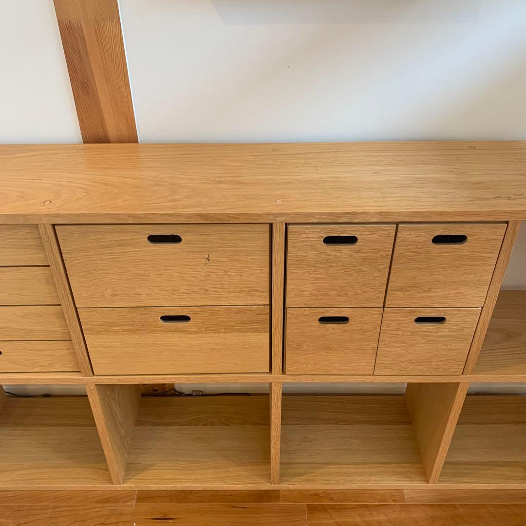 【くまこ•×•】無印スタッキングシェルフ　5段×2列オーク材＋チェスト3つ