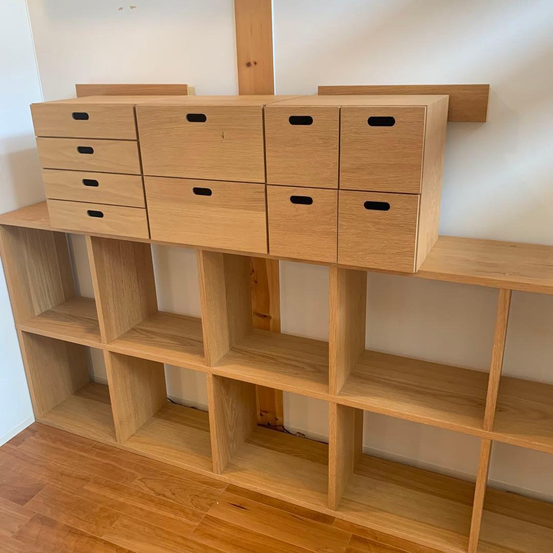 【くまこ•×•】無印スタッキングシェルフ　5段×2列オーク材＋チェスト3つ