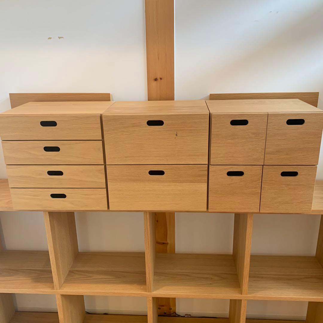 【くまこ•×•】無印スタッキングシェルフ　5段×2列オーク材＋チェスト3つ