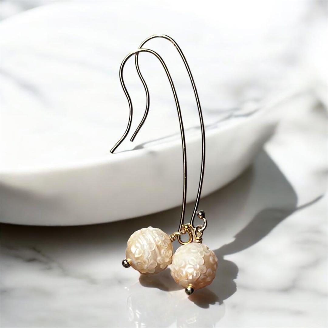 SALEレア14kgfあこや真珠のフラワーカービングピアス