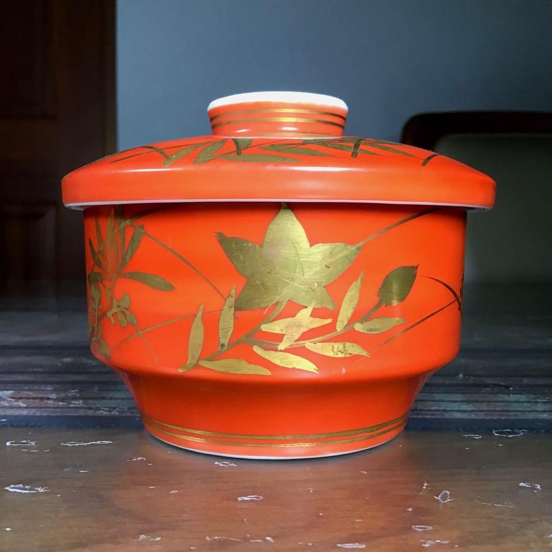 『季節のうー特価』　幸六仁窯 『朱巻金秋草花』　蒸し椀　5客