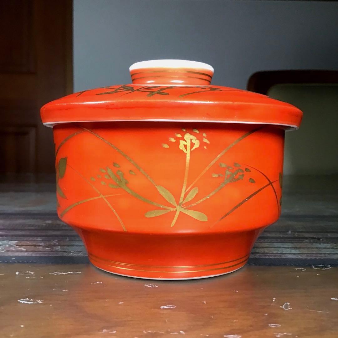 『季節のうー特価』　幸六仁窯 『朱巻金秋草花』　蒸し椀　5客