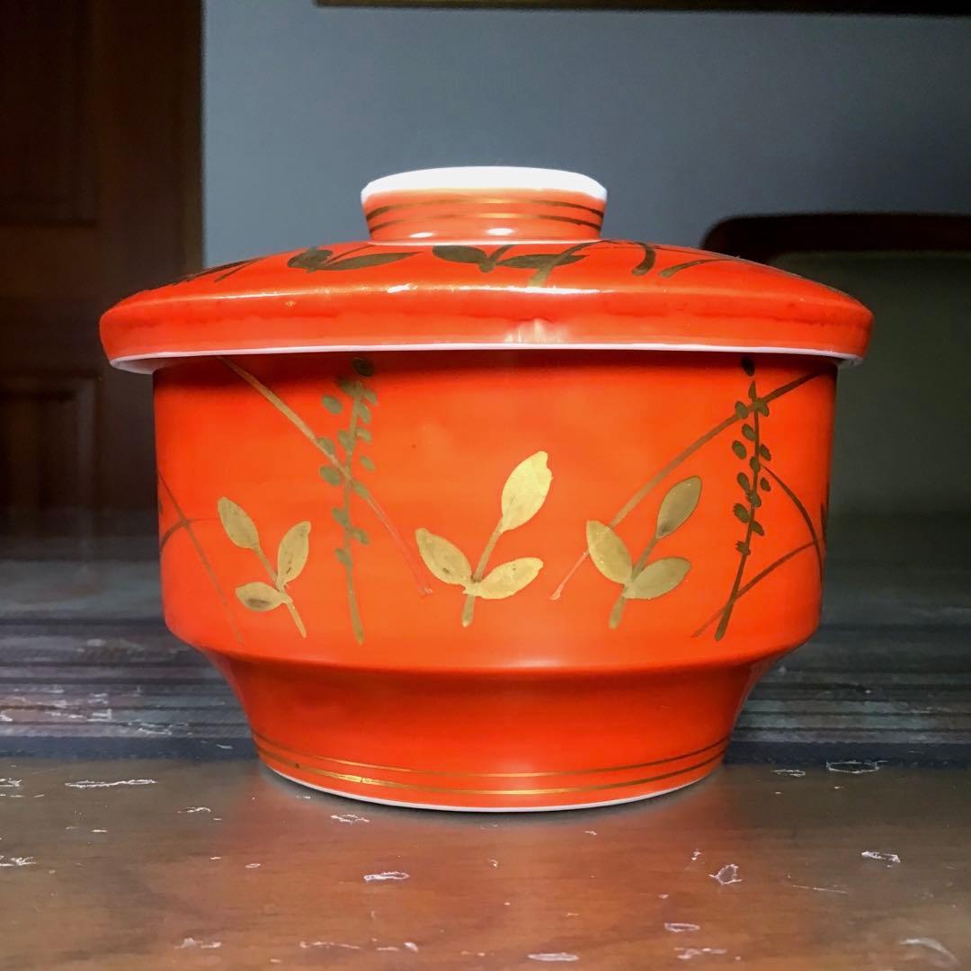 『季節のうー特価』　幸六仁窯 『朱巻金秋草花』　蒸し椀　5客