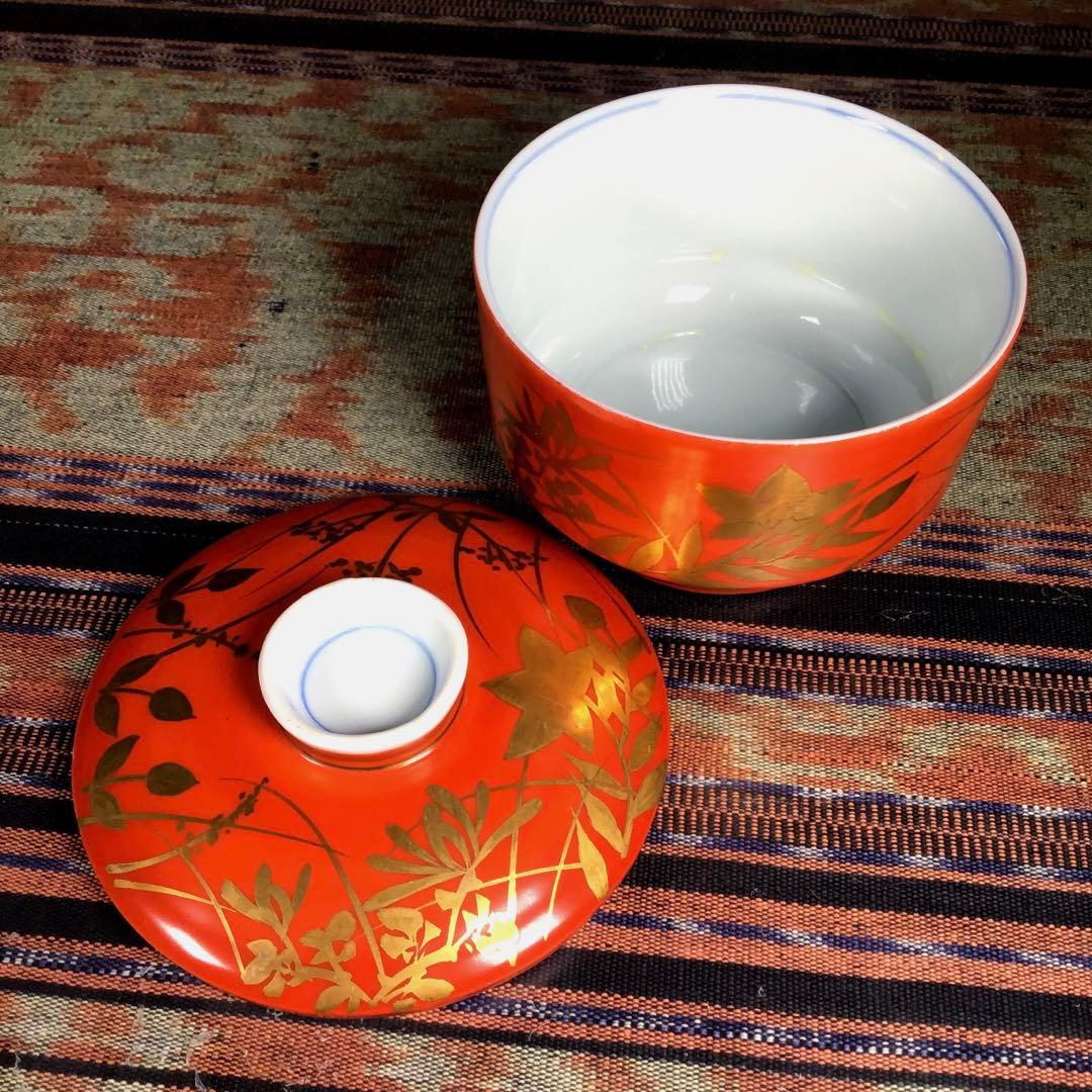 『季節のうー特価』　幸六仁窯 『朱巻金秋草花』　蒸し椀　5客