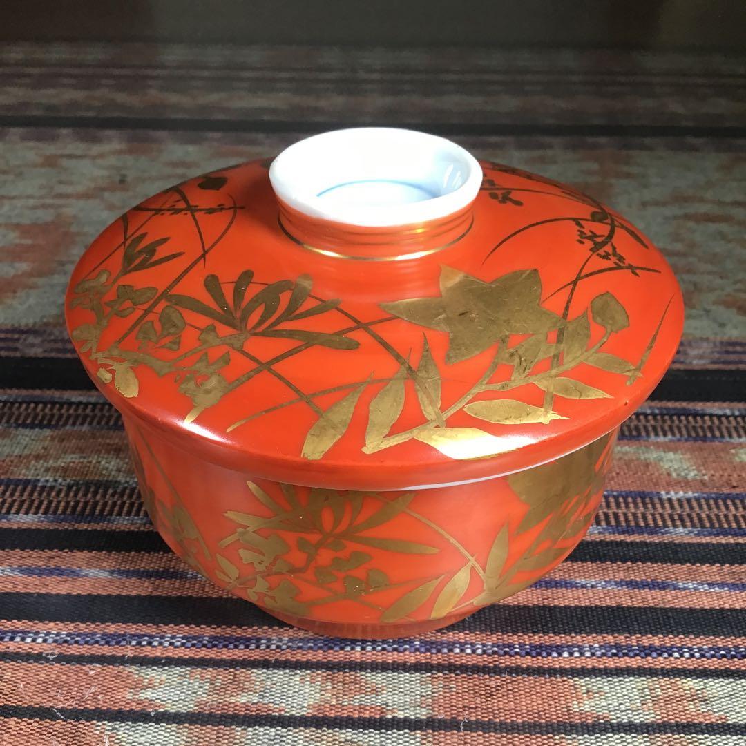 『季節のうー特価』　幸六仁窯 『朱巻金秋草花』　蒸し椀　5客