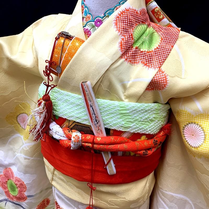 504ag37□七五三 七歳 女児 着物&袋帯 金駒刺繍 絞り 梅□状態良好