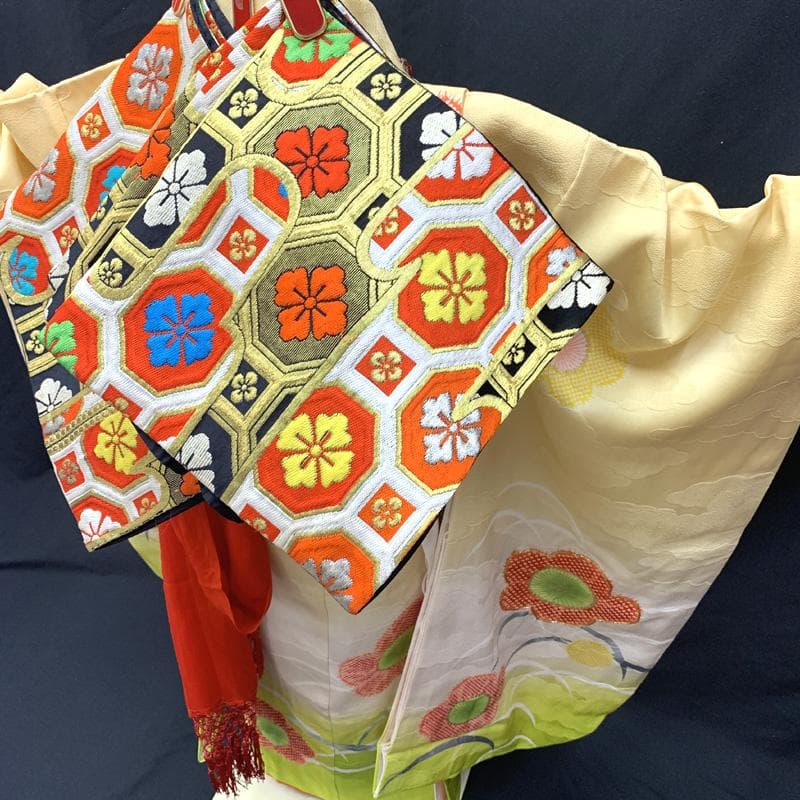 504ag37□七五三 七歳 女児 着物&袋帯 金駒刺繍 絞り 梅□状態良好