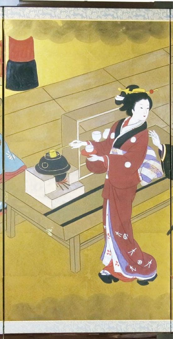 四つ折り屏風　日本画　金箔彩色　花見遊山