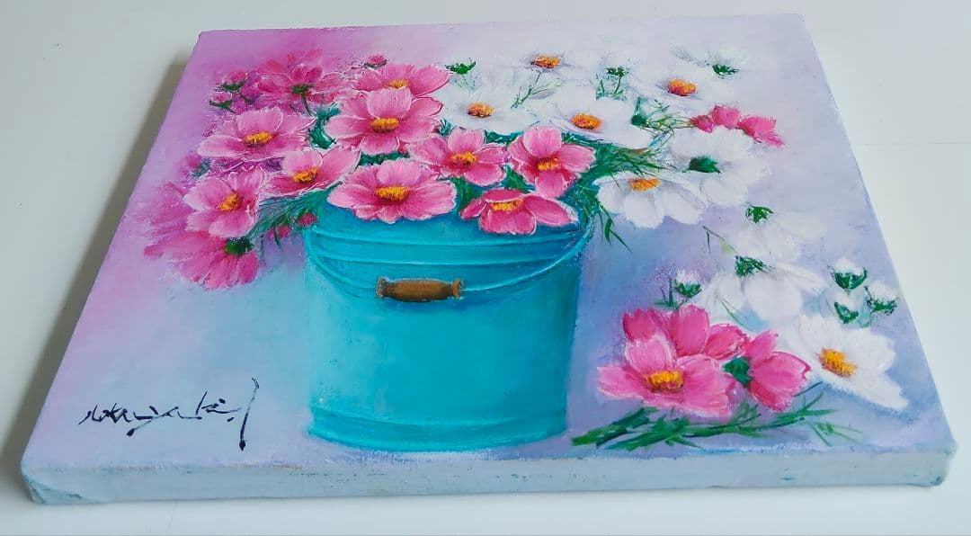 油絵　青い缶にコスモス　F3