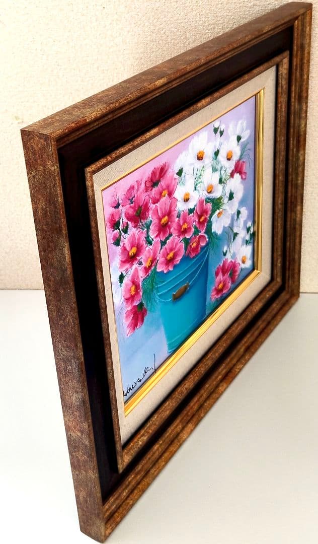 油絵　青い缶にコスモス　F3