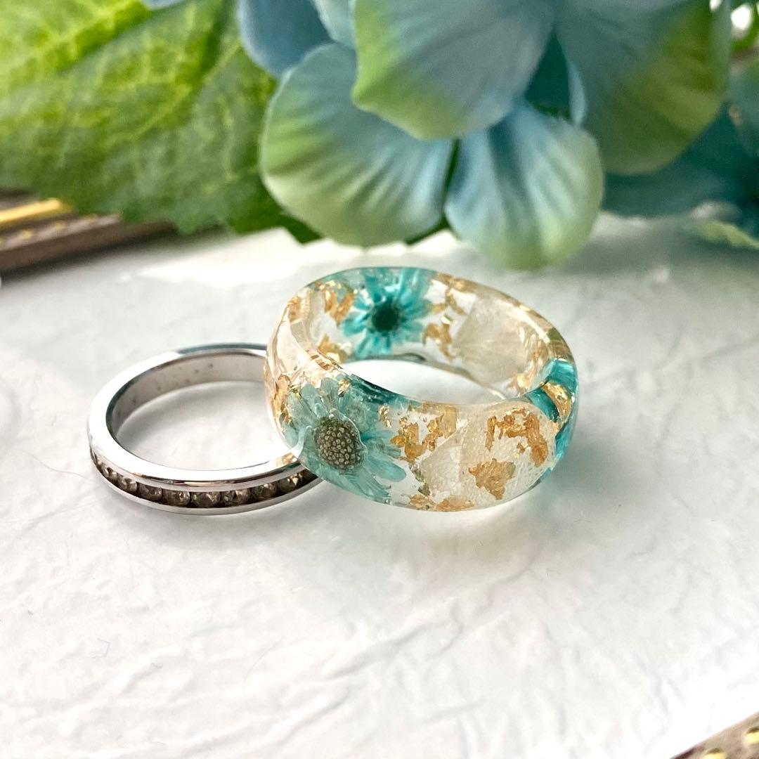 ハンドメイド レジン リング♡ドライフラワー 金箔 夏 ブルー 12号