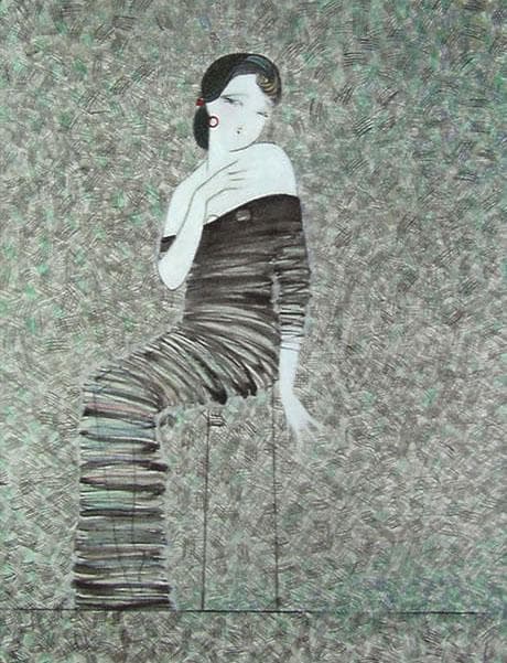 油絵 菅家令子 絵 絵画インテリア額付(青緑＋金色の枠) F6-92023 女性