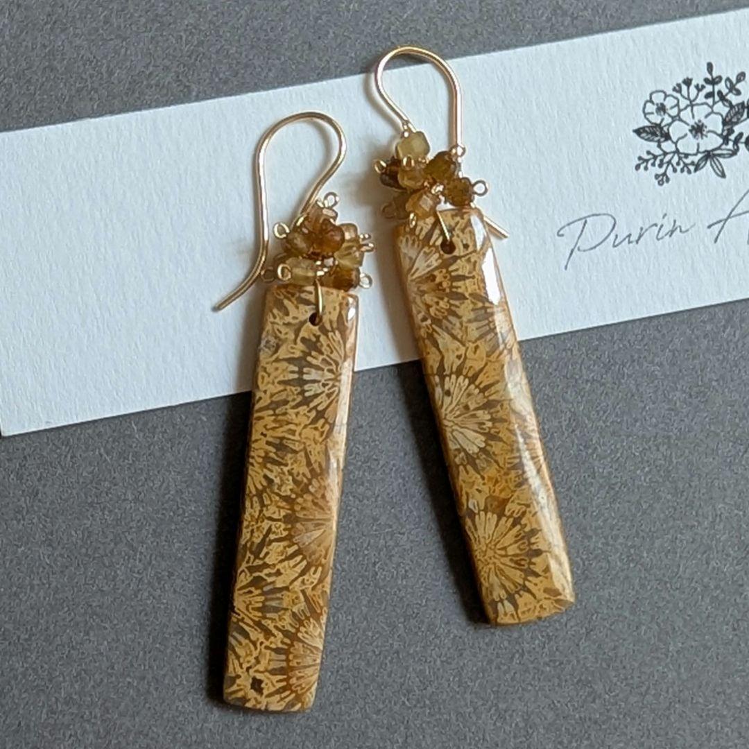 ひまわりフォッシルコーラル レクタングルピアス