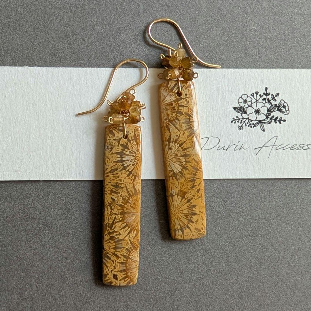 ひまわりフォッシルコーラル レクタングルピアス