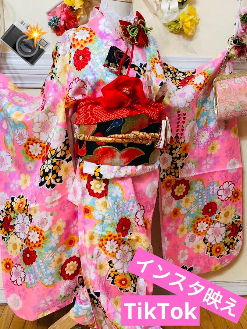 七五三七歳❣️四つ身着物未使用⭐︎薄ピンク花々金彩煌びやか絢爛⭐︎完全フルセット銘品