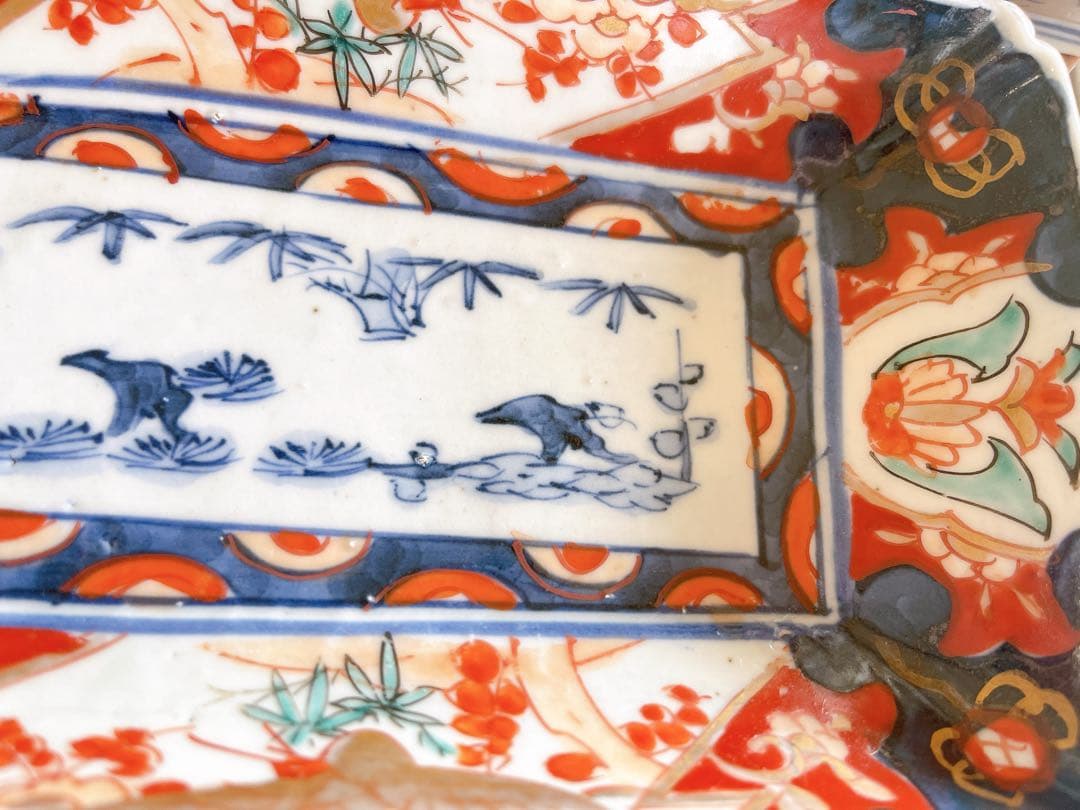 希少 3客セット/古伊万里 錦手 長皿 色絵金彩 松竹梅に鳥文様 アンティーク