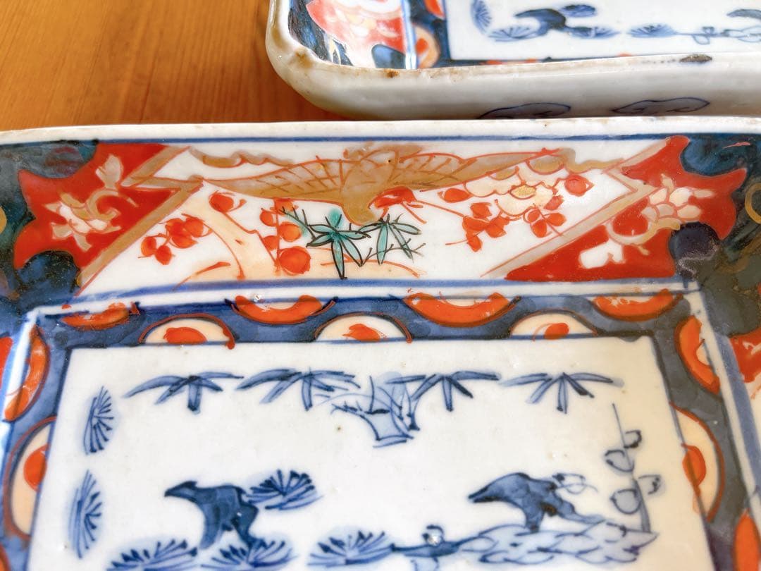 希少 3客セット/古伊万里 錦手 長皿 色絵金彩 松竹梅に鳥文様 アンティーク