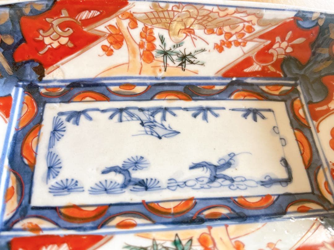 希少 3客セット/古伊万里 錦手 長皿 色絵金彩 松竹梅に鳥文様 アンティーク