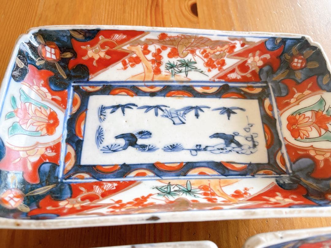 希少 3客セット/古伊万里 錦手 長皿 色絵金彩 松竹梅に鳥文様 アンティーク