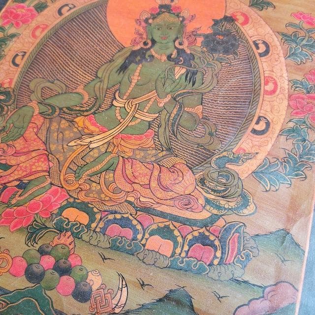 グリーンターラー　観音様の涙の化身・緑多羅菩薩：　タンカ　仏画（額縁なし）