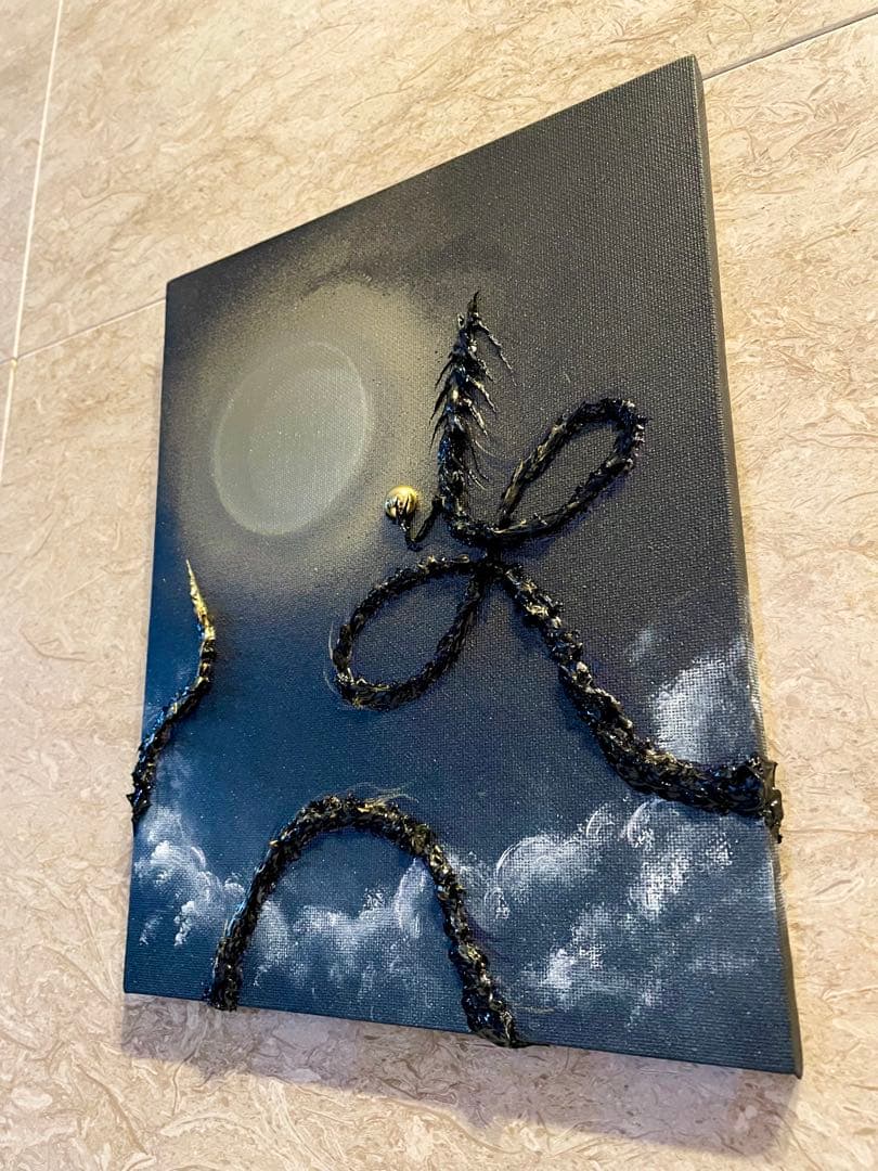 「月光で黄金に輝く黒龍」 テクスチャーアート 龍神 絵画 龍ノツカイ