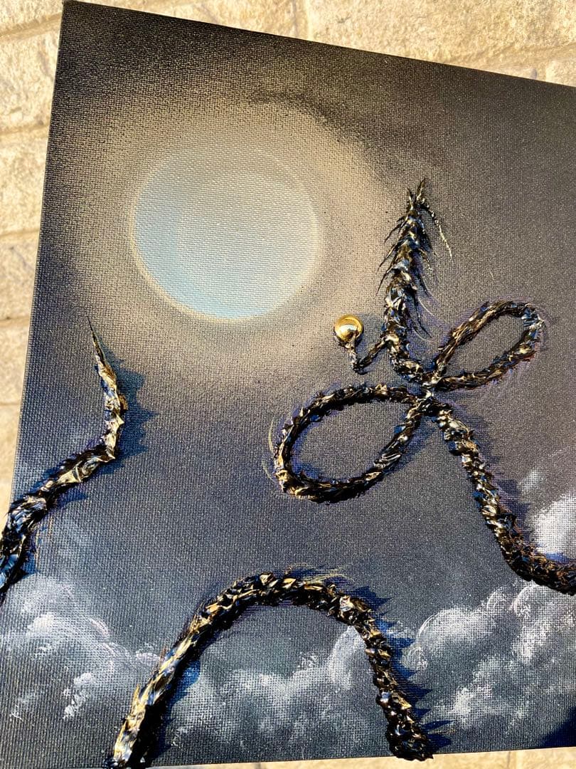 「月光で黄金に輝く黒龍」 テクスチャーアート 龍神 絵画 龍ノツカイ