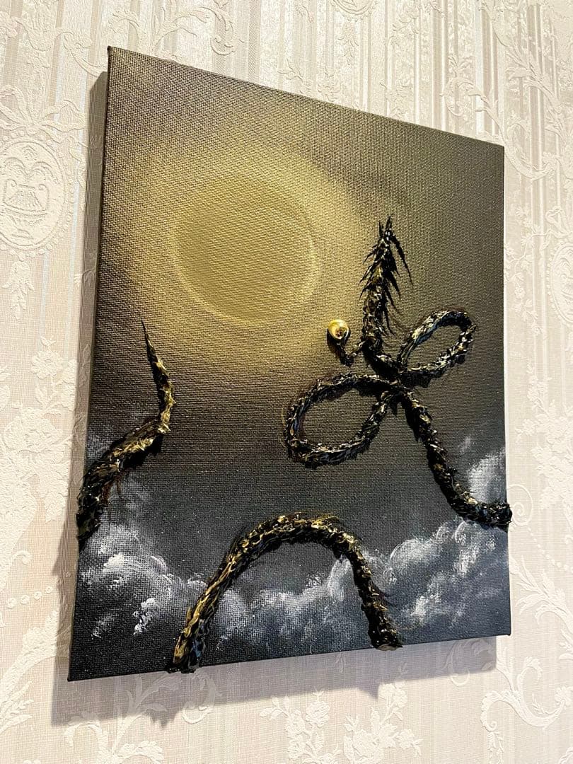 「月光で黄金に輝く黒龍」 テクスチャーアート 龍神 絵画 龍ノツカイ