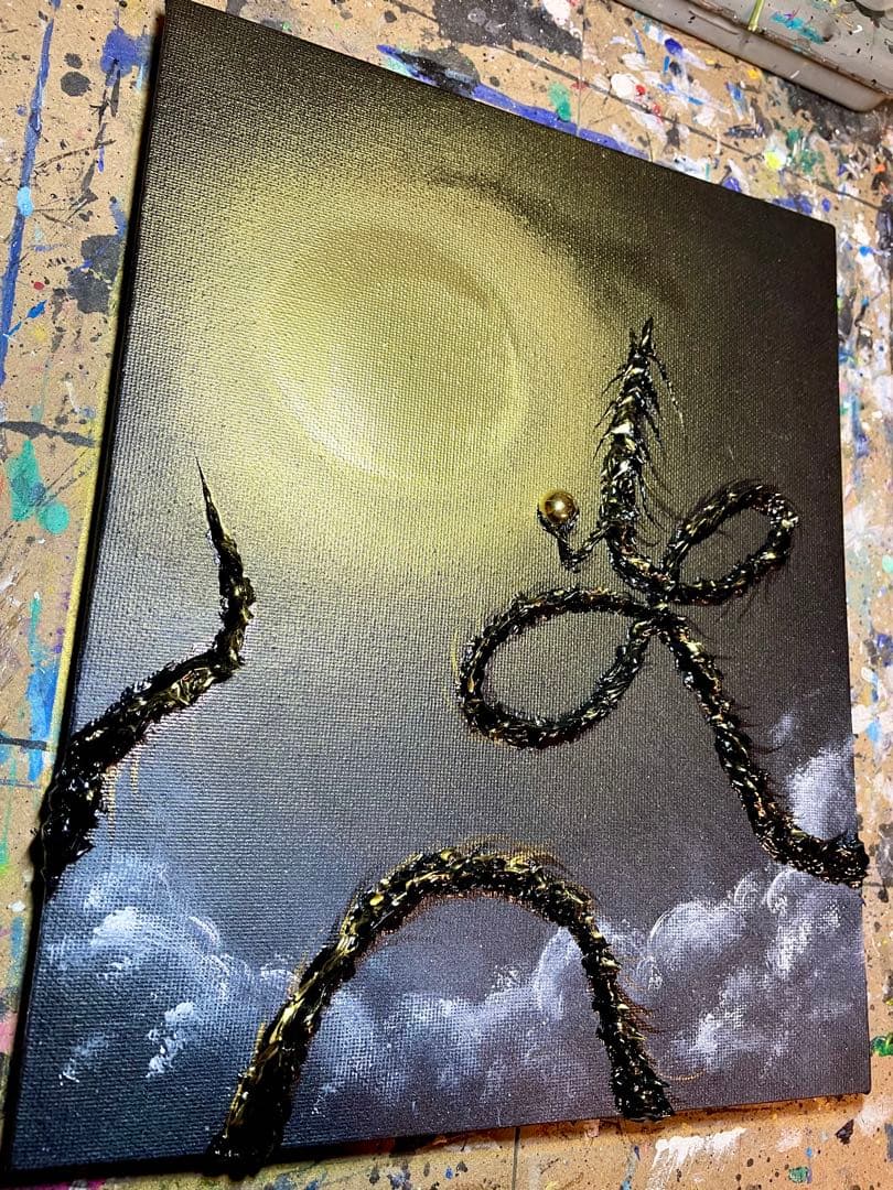 「月光で黄金に輝く黒龍」 テクスチャーアート 龍神 絵画 龍ノツカイ