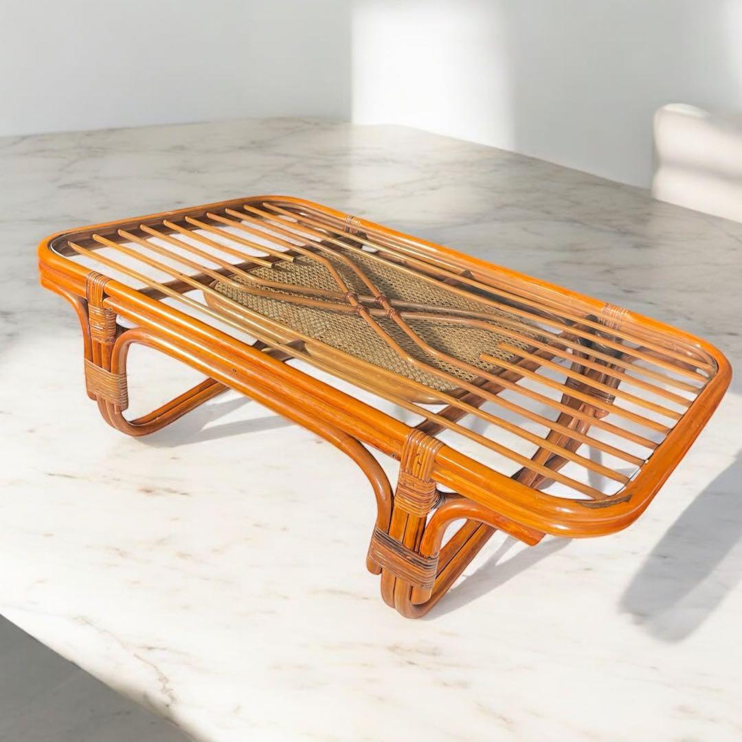 HR117 ラタン　籐　ガラステーブル　ジャパニーズモダン