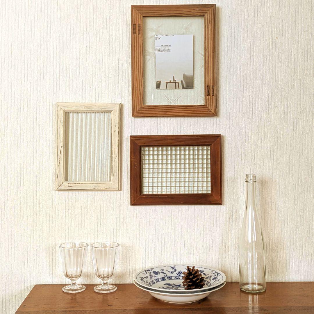 古材レトロガラスフレーム 3枚セット　ハンドメイド作品額　写真たてフォトフレーム