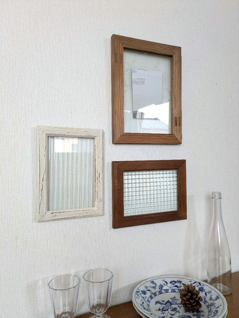 古材レトロガラスフレーム 3枚セット　ハンドメイド作品額　写真たてフォトフレーム