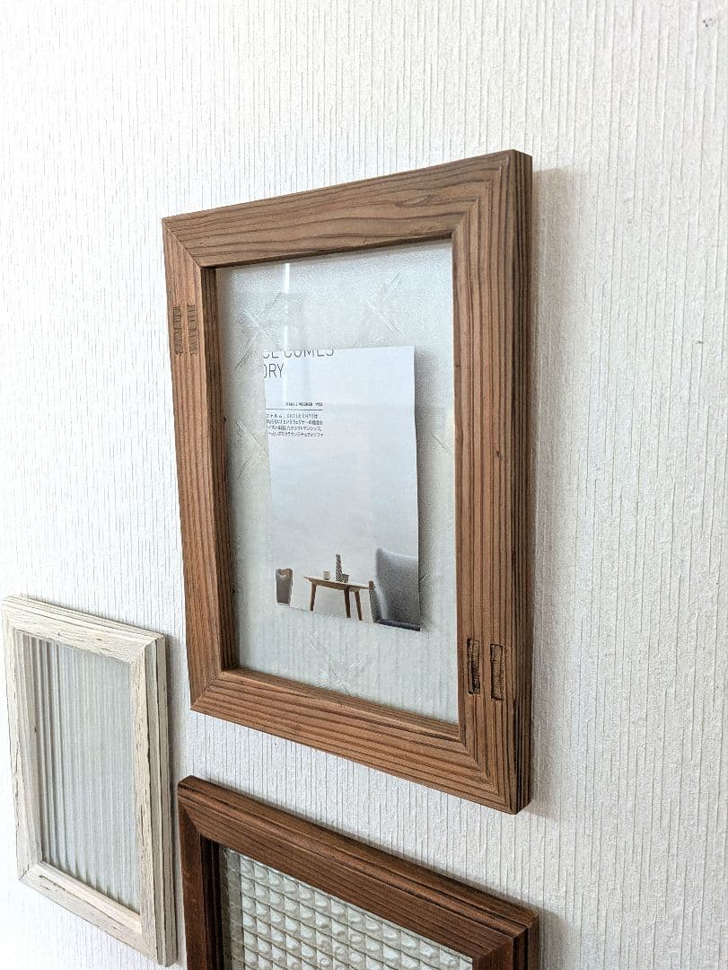 古材レトロガラスフレーム 3枚セット　ハンドメイド作品額　写真たてフォトフレーム