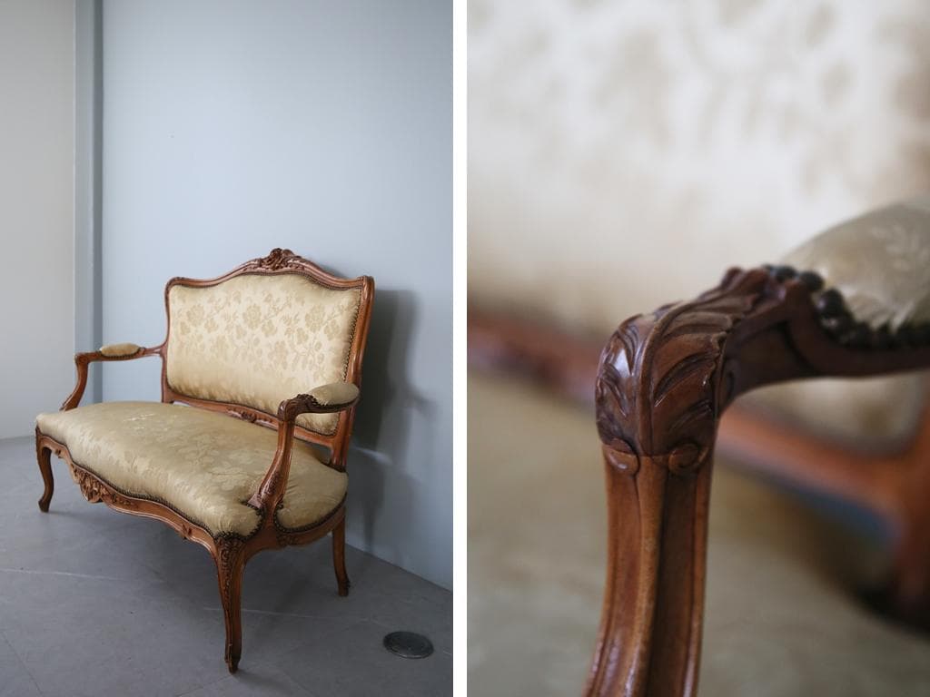 フランスアンティーク猫脚フレンチソファ/セティー/木製2人掛けイス(92-212