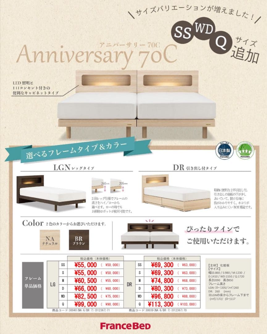 ベッドセット（セミダブルマットレス、ベッドフレーム）