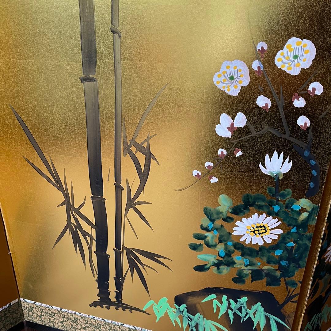 アンティーク】御肉筆屏風 四曲一双 日本画 金屏風 玉泉銘 古道具