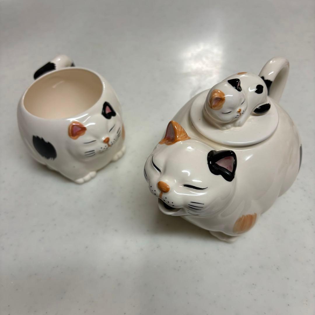 猫ティーポット ティーカップセット 三毛 アンティーク レトロ雑貨