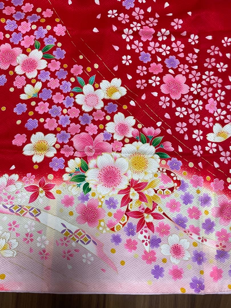 七五三 着物フルセット 6歳7歳　赤色 花柄　お参り着　女児　正絹　新品　髪飾り