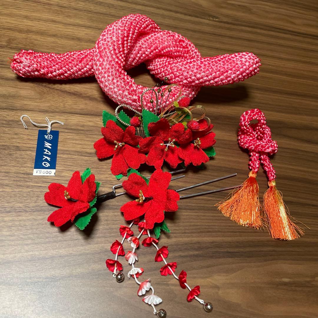 七五三 着物フルセット 6歳7歳　赤色 花柄　お参り着　女児　正絹　新品　髪飾り