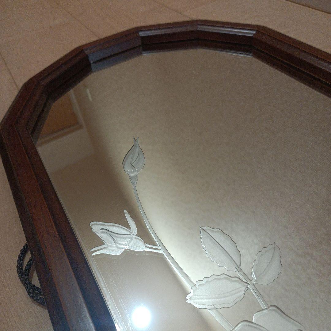 レトロアンティーク　壁掛けミラー　薔薇　エッチングミラー　木枠