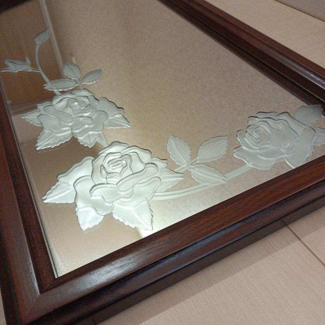 レトロアンティーク　壁掛けミラー　薔薇　エッチングミラー　木枠